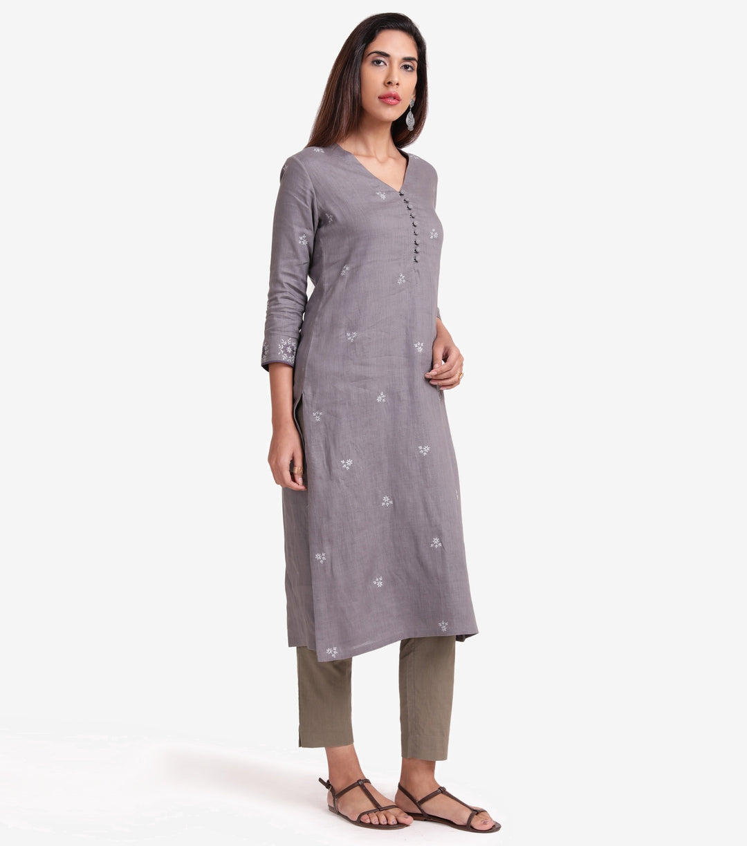 Grey linen embroidered kurta