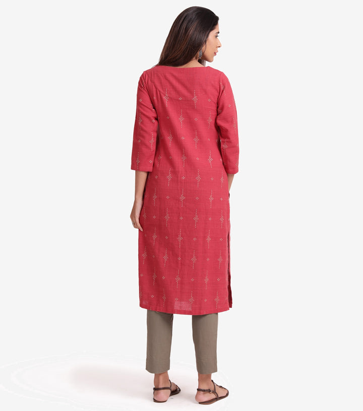 Red Cotton Linen embroidered kurta