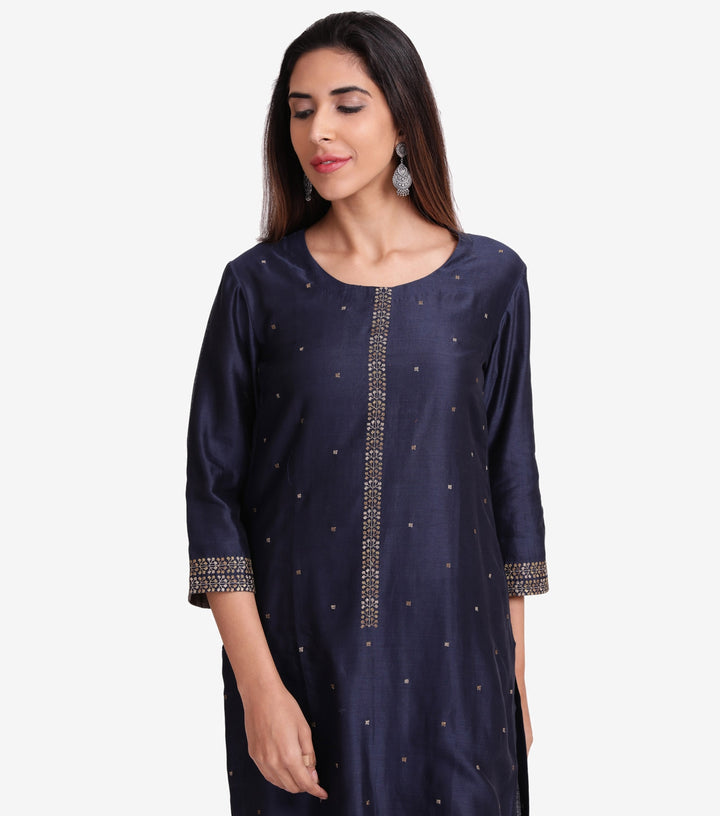 Navy chanderi embroidered kurta