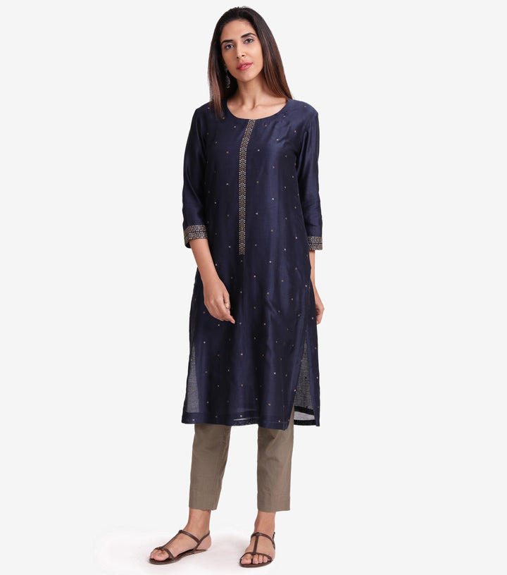 Navy chanderi embroidered kurta