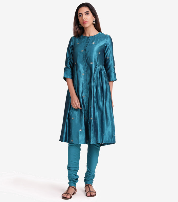 Turquoise Dupion Silk Kurta & Cotton Churidaar set