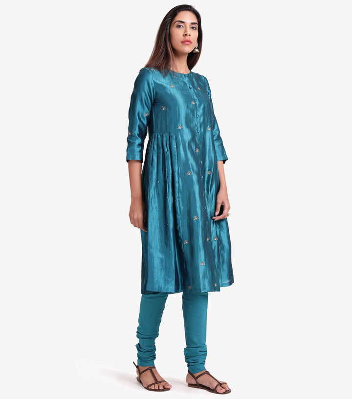 Turquoise Dupion Silk Kurta & Cotton Churidaar set