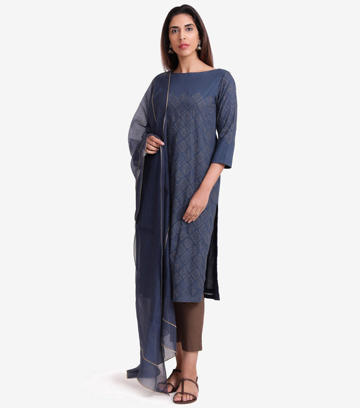 Blue Embroidered Cambric Kurta & Dupatta Set