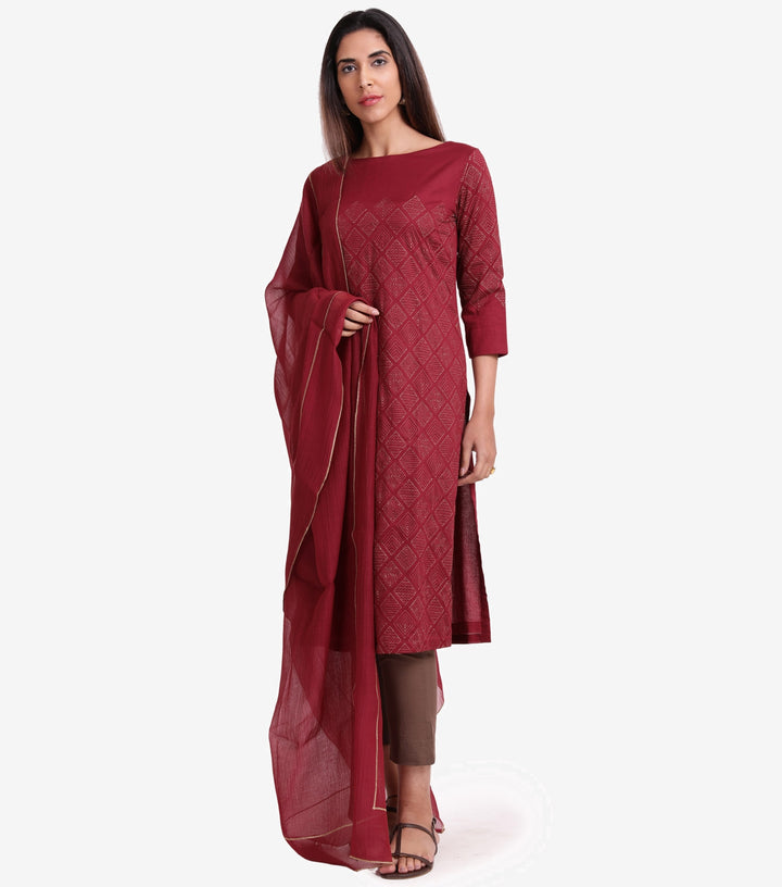 Maroon Embroidered Cambric Kurta & Dupatta Set