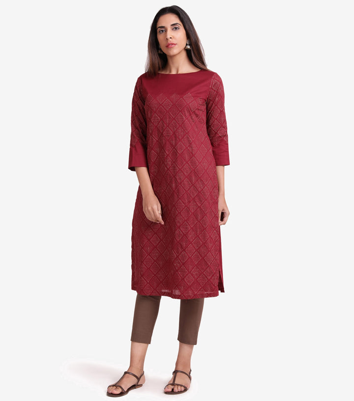 Maroon Embroidered Cambric Kurta & Dupatta Set