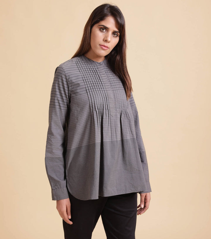 Grey pleated striped shirt