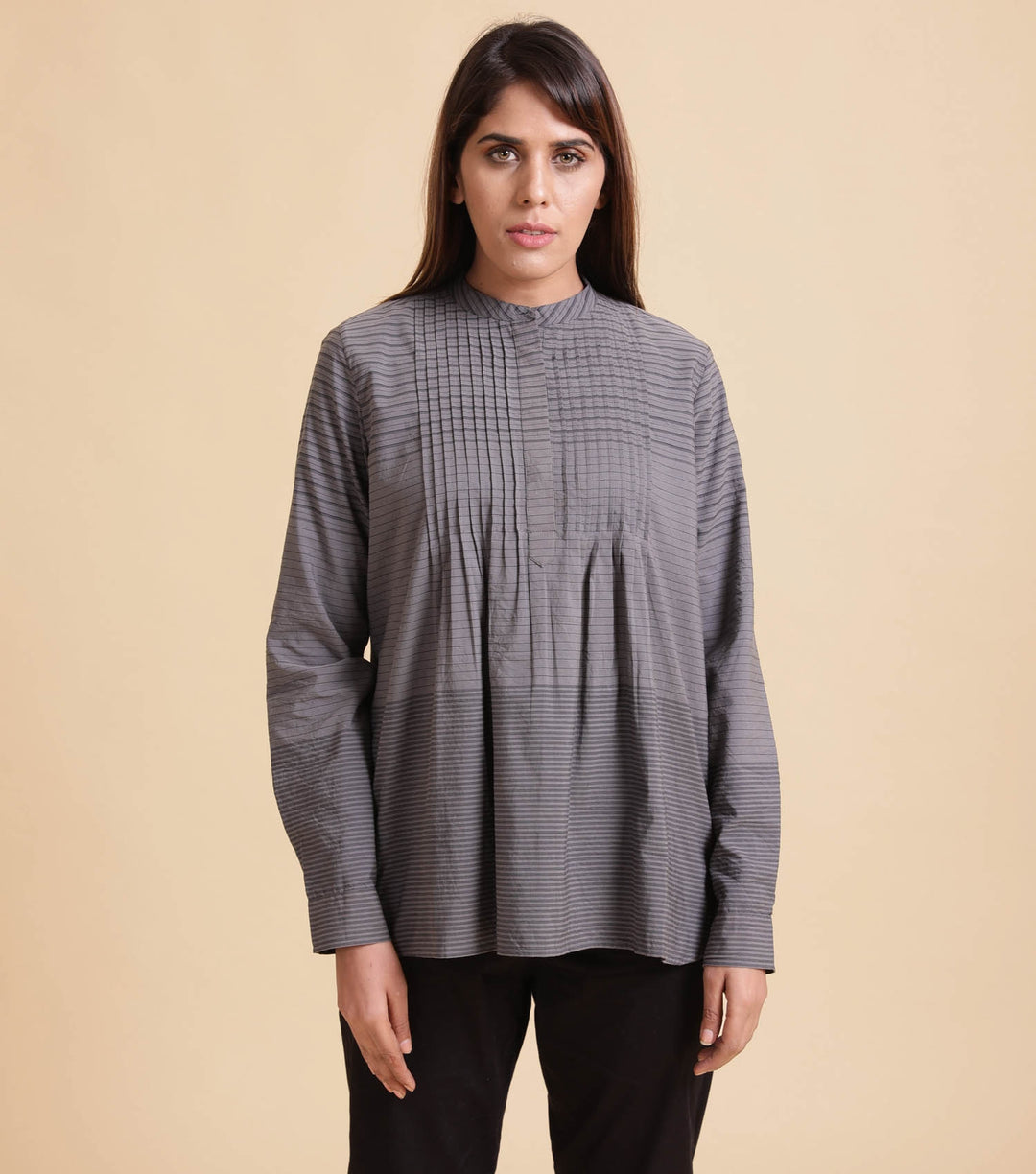 Grey pleated striped shirt