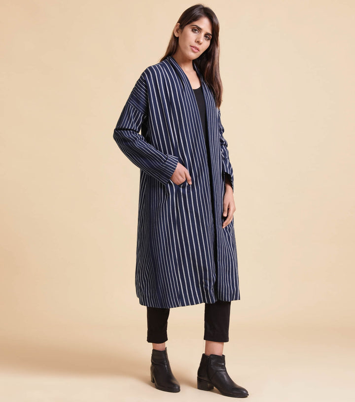 Blue striped cotton long coat