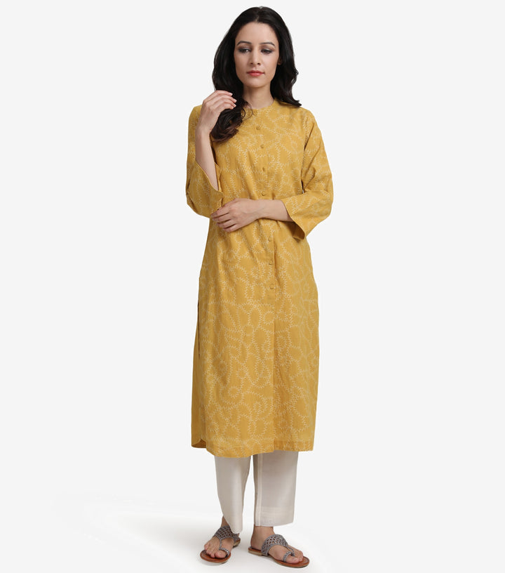 Mustard embroidered cotton kurta