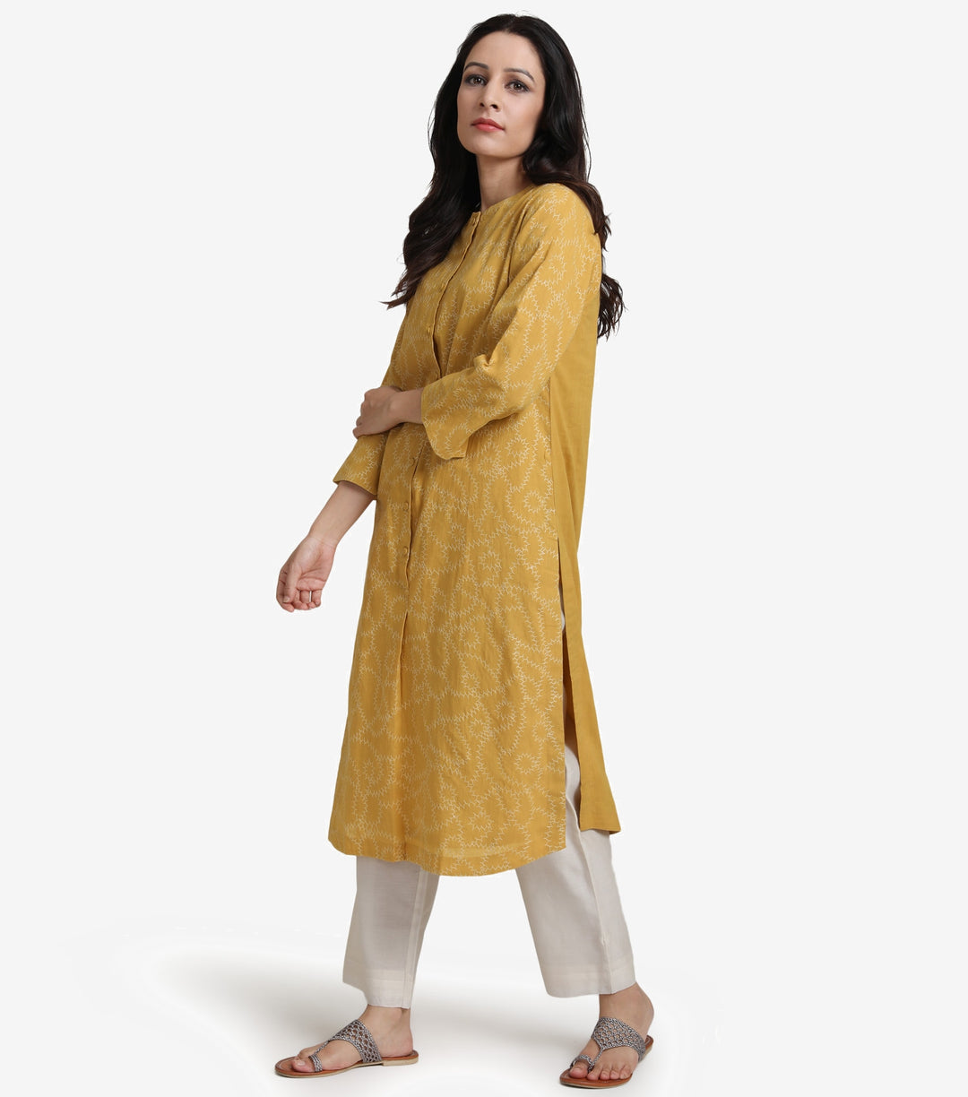 Mustard embroidered cotton kurta