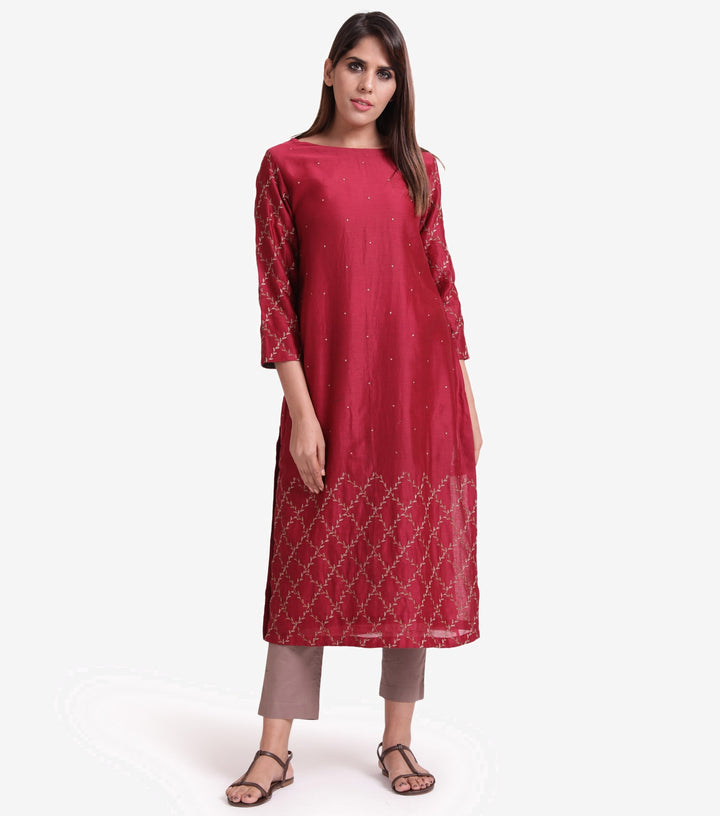 Wine chanderi embroidered kurta