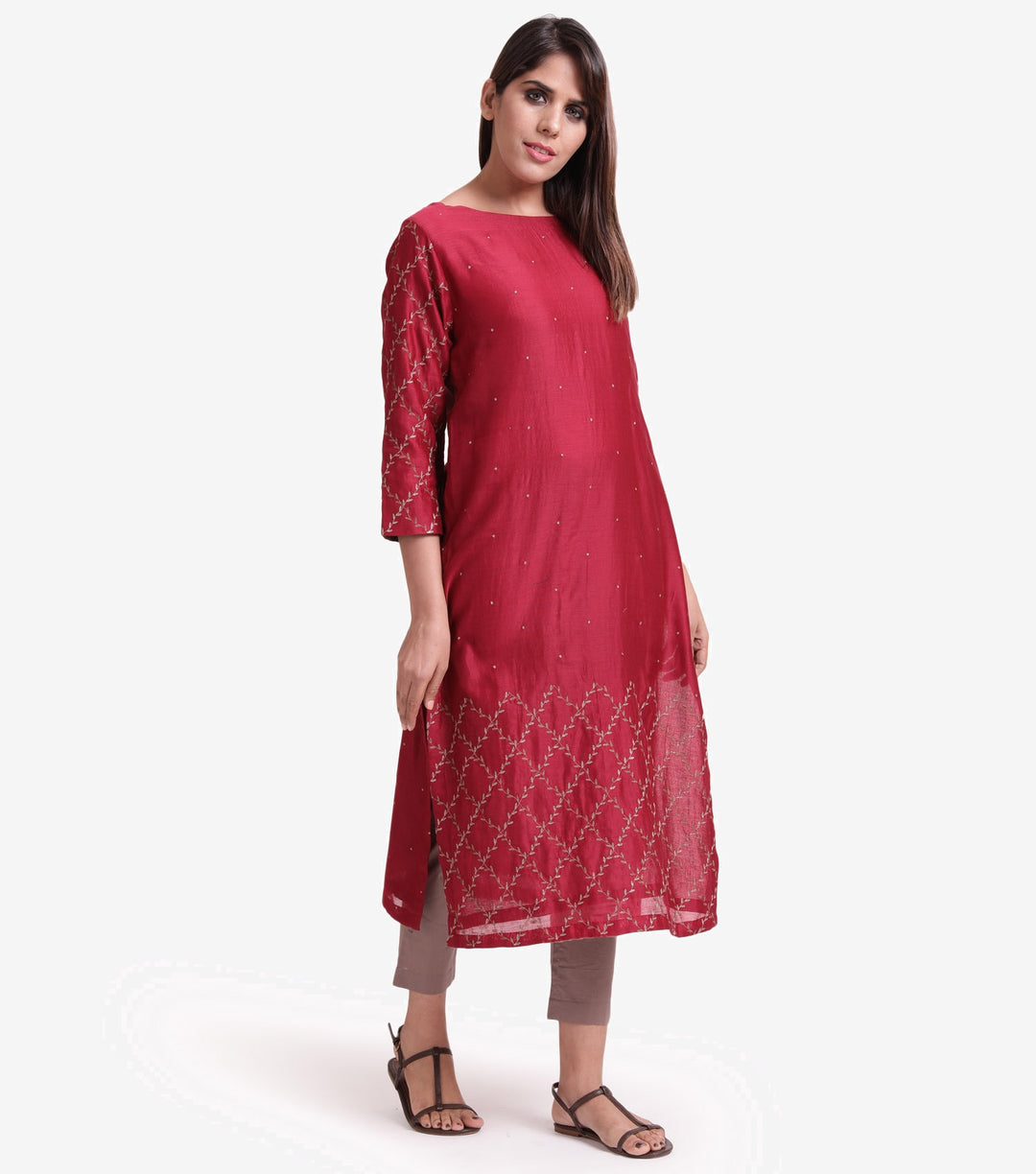 Wine chanderi embroidered kurta