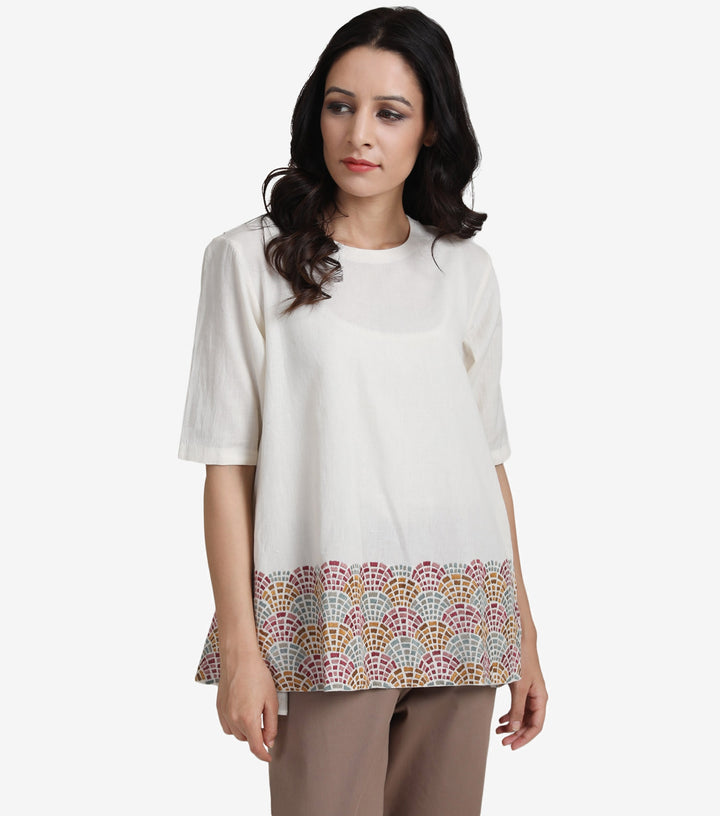 Natural embroidered cotton linen top