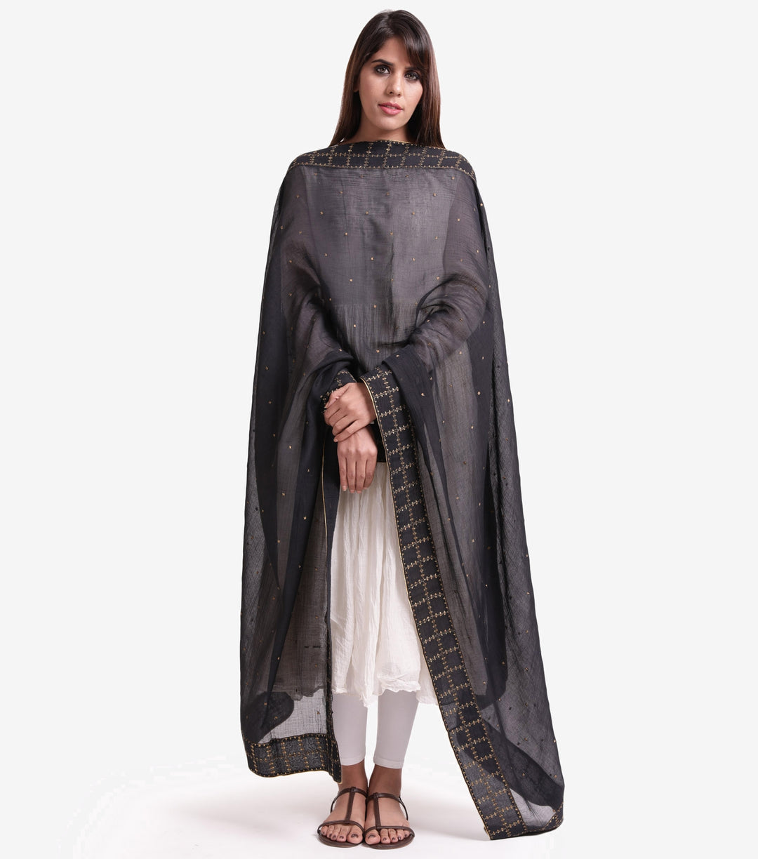 Black Cotton silk embroidered dupatta