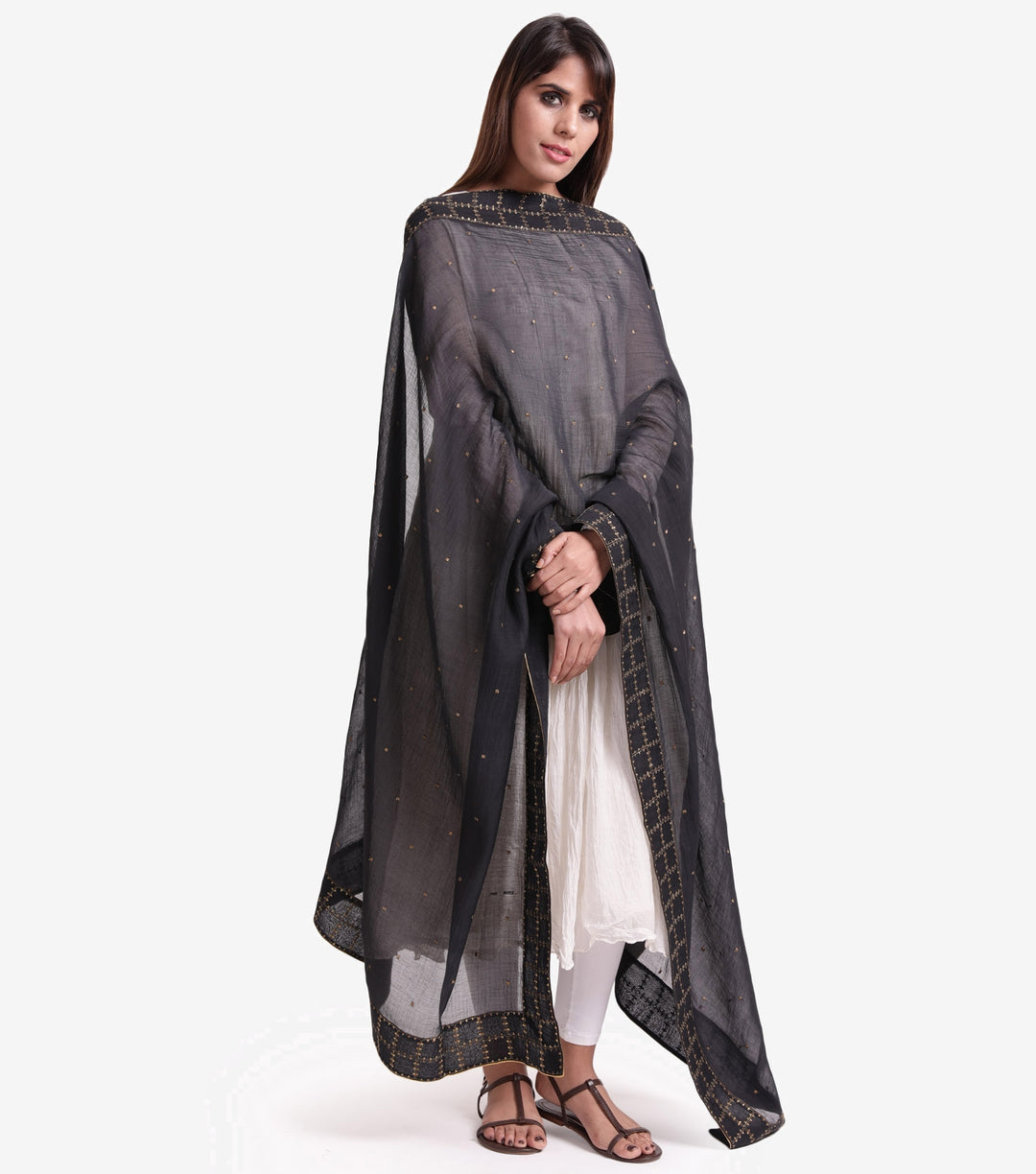 Black Cotton silk embroidered dupatta