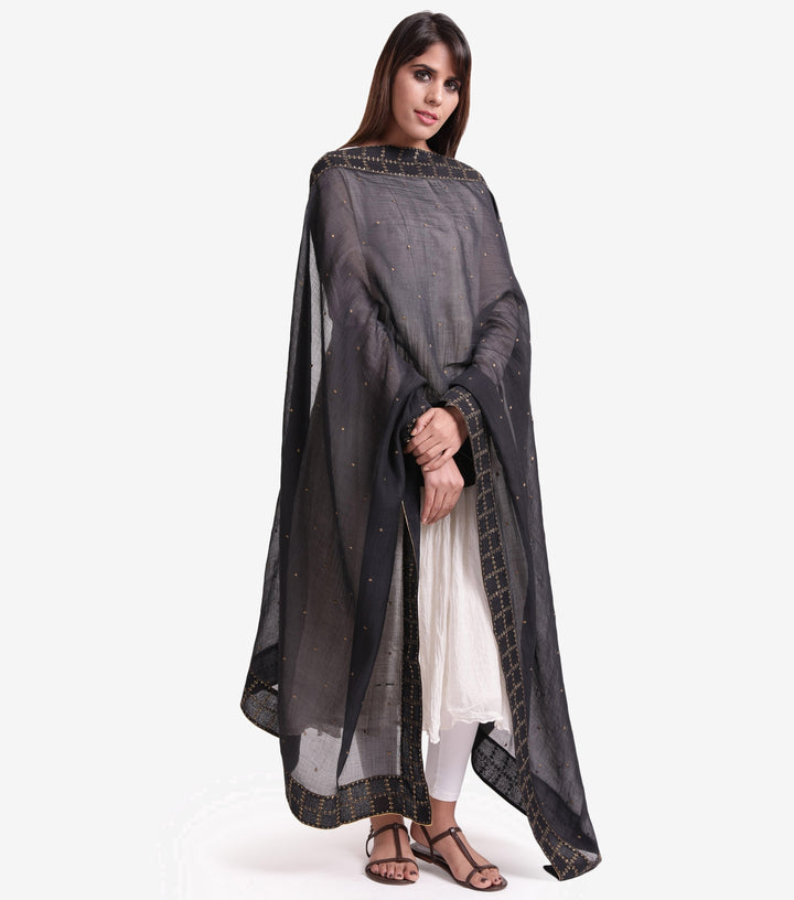 Black Cotton silk embroidered dupatta