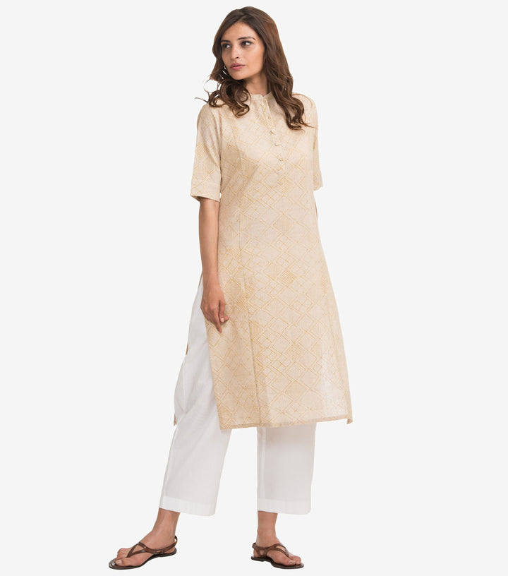 Beige block printed khadi kurta