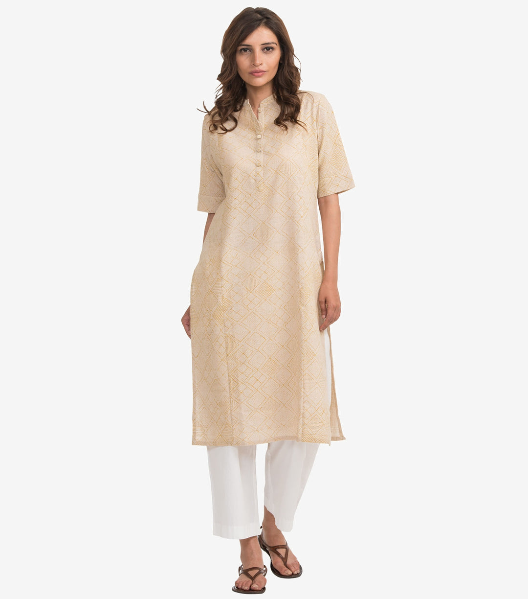 Beige block printed khadi kurta