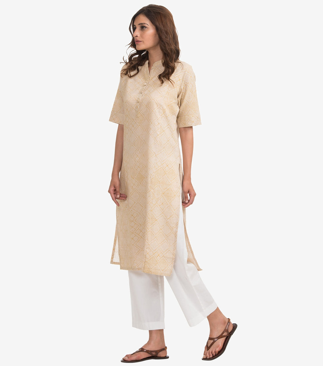 Beige block printed khadi kurta