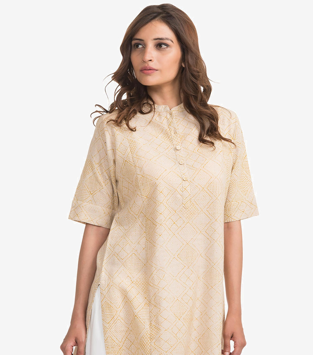 Beige block printed khadi kurta