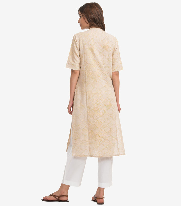 Beige block printed khadi kurta