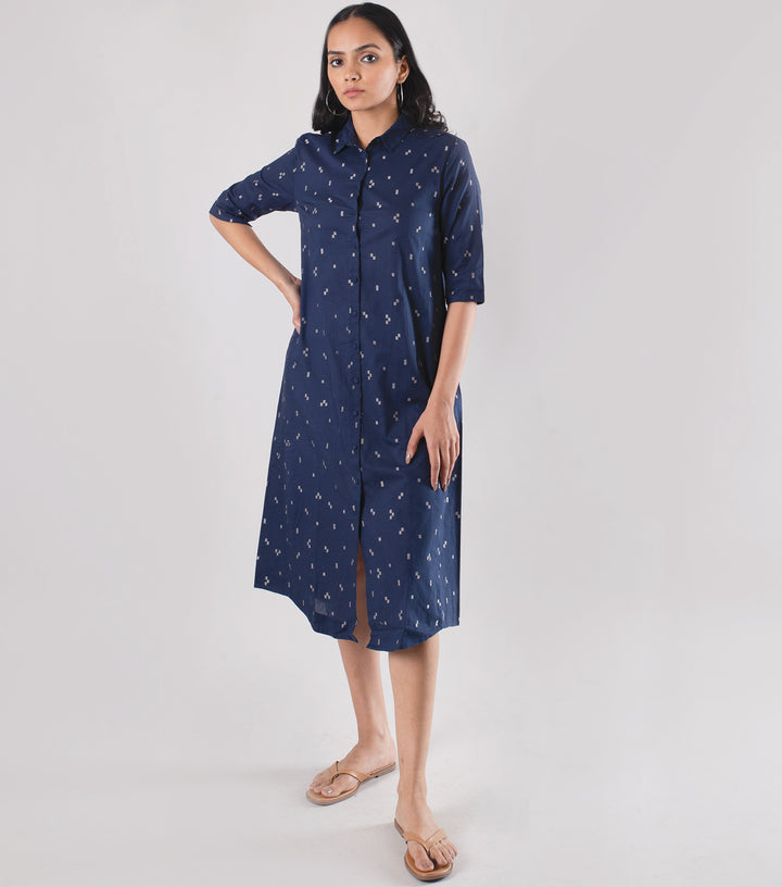 Navy Blue Printed Cotton Shirt Dress