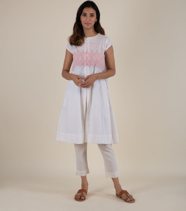 White Embroidered Cotton Linen Kurta