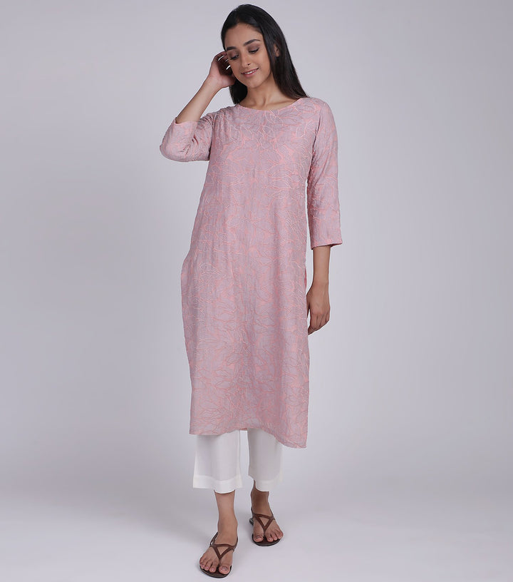 Patchwork Cotton Silk Pink Kurta