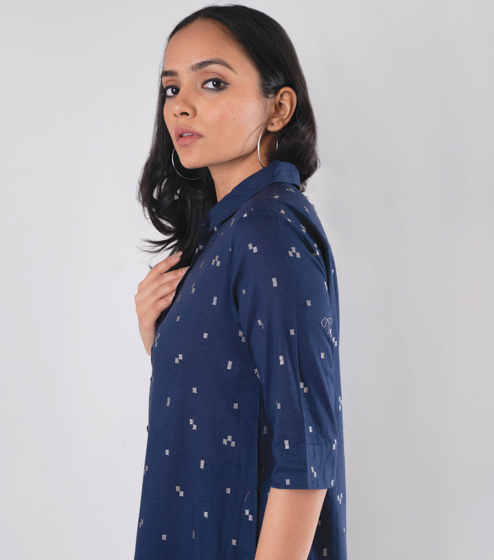 Navy Blue Printed Cotton Shirt Dress