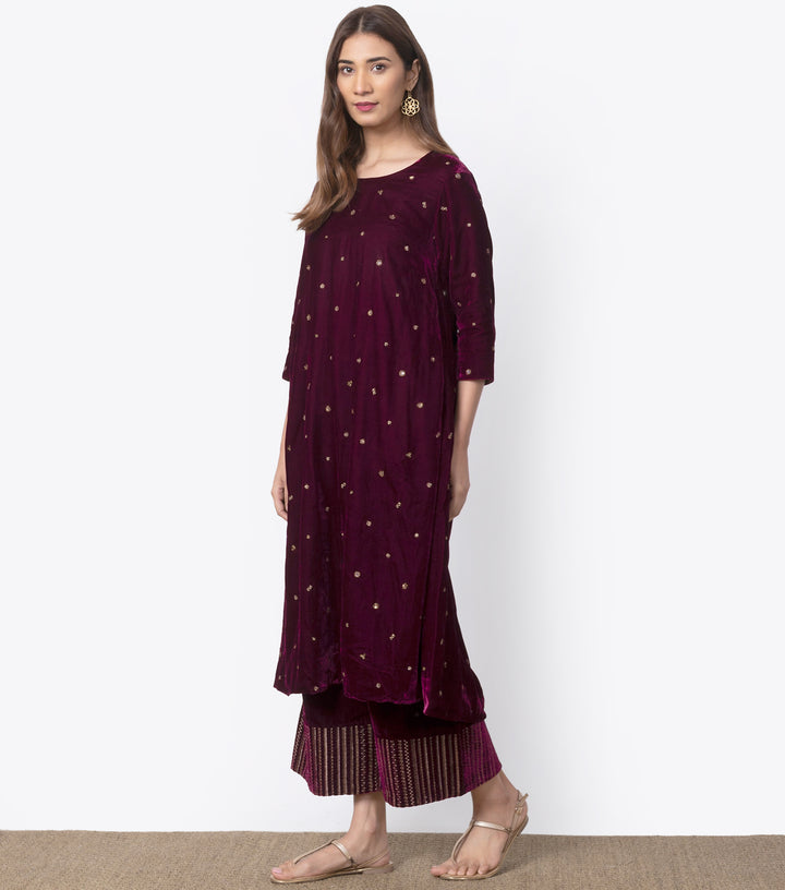 Wine Velvet Embroidered Kurta & Palazzo Pants set