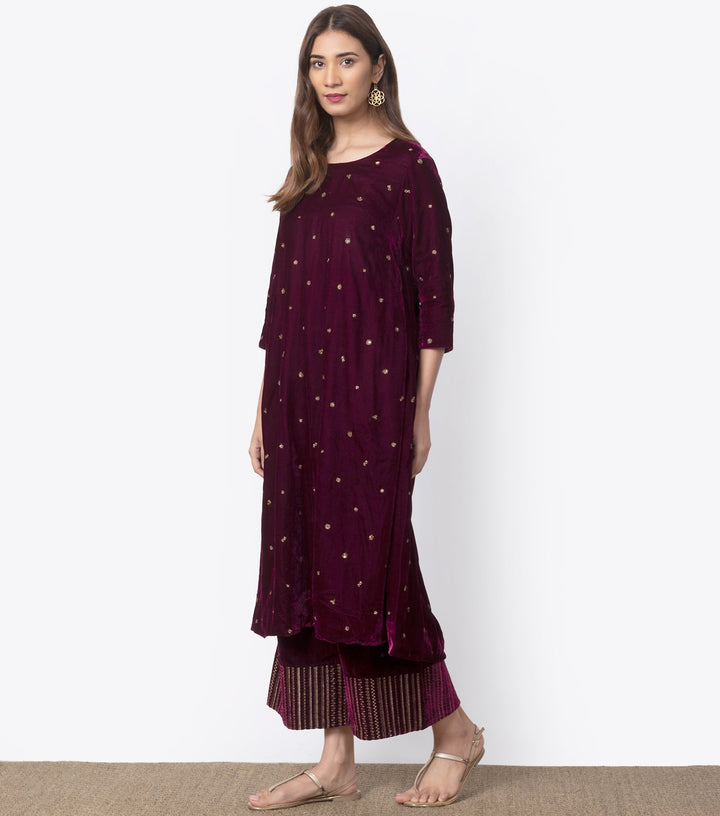 Wine Velvet Embroidered Kurta