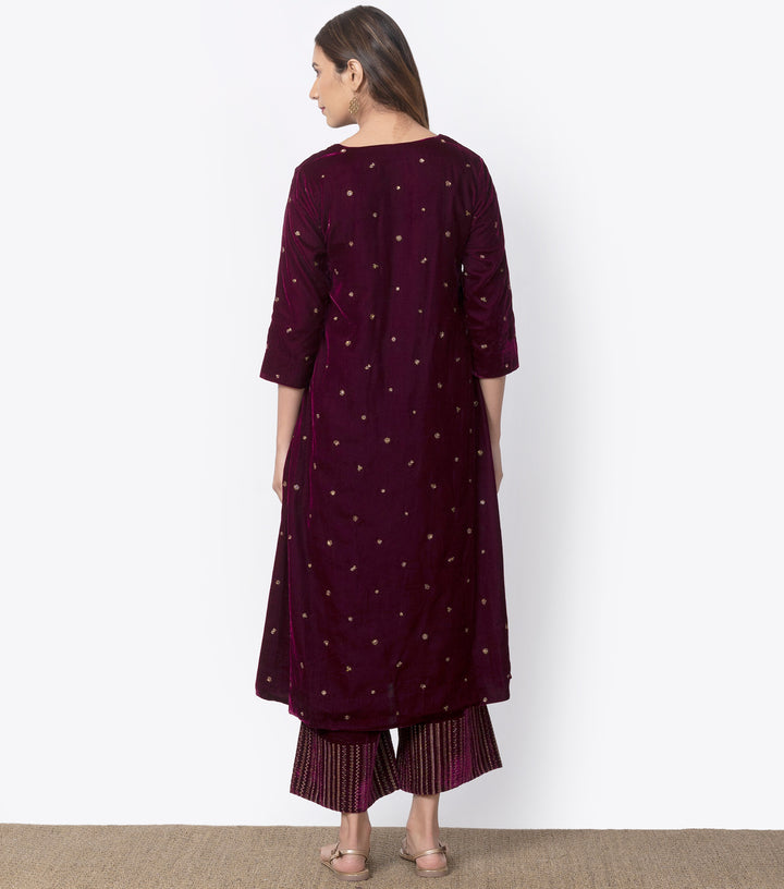 Wine Velvet Embroidered Kurta & Palazzo Pants set