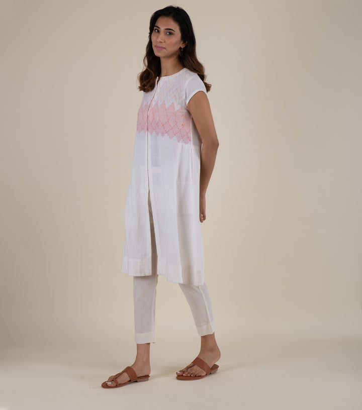 White Embroidered Cotton Linen Kurta