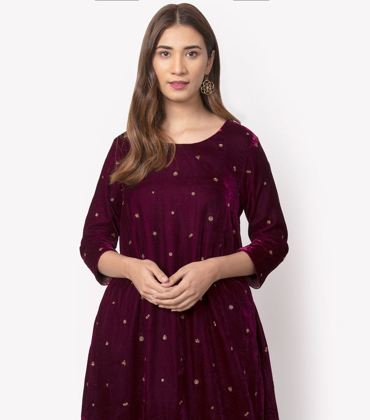 Wine Velvet Embroidered Kurta