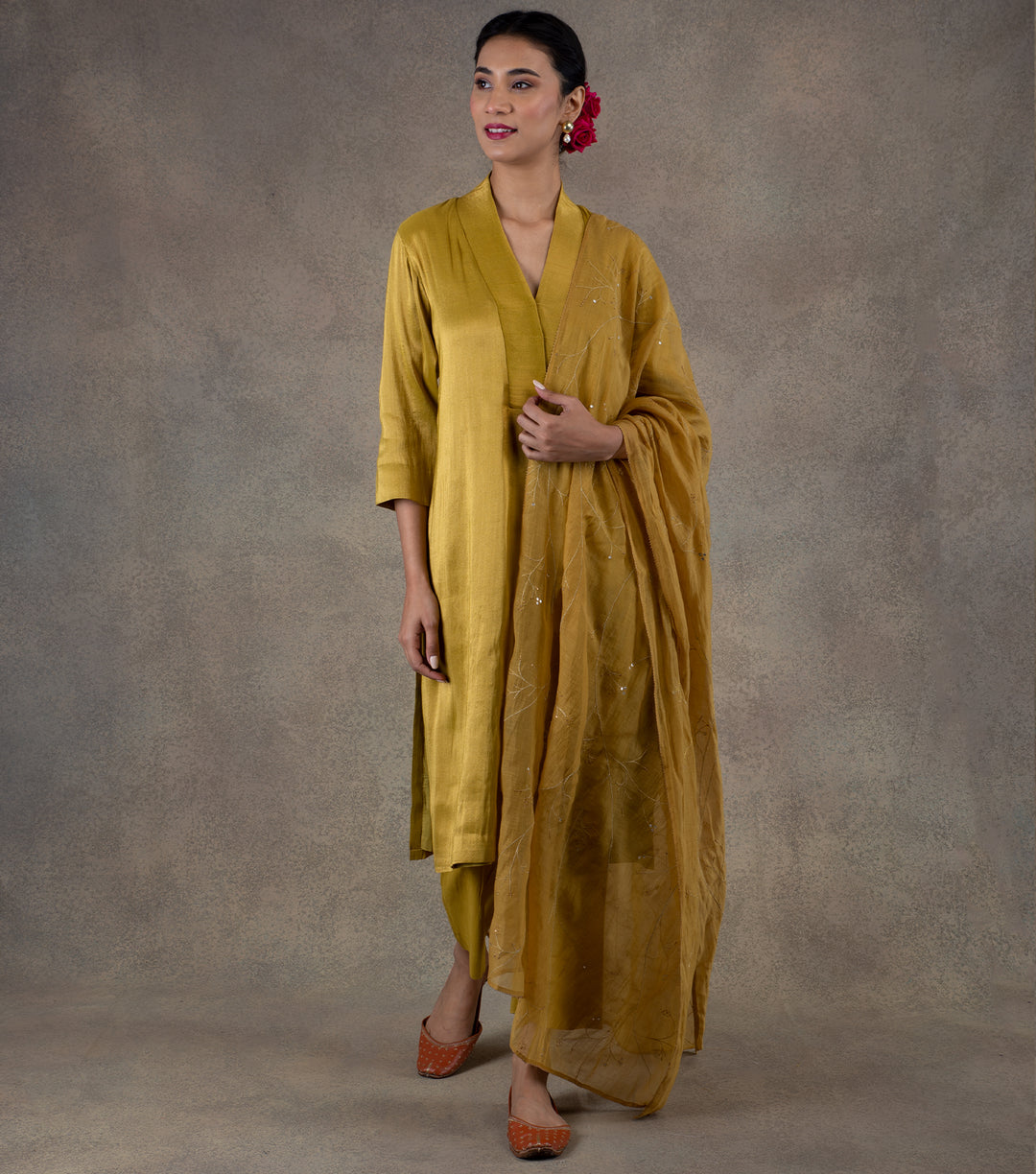 Mustard Yellow Embroidered Chanderi Dupatta