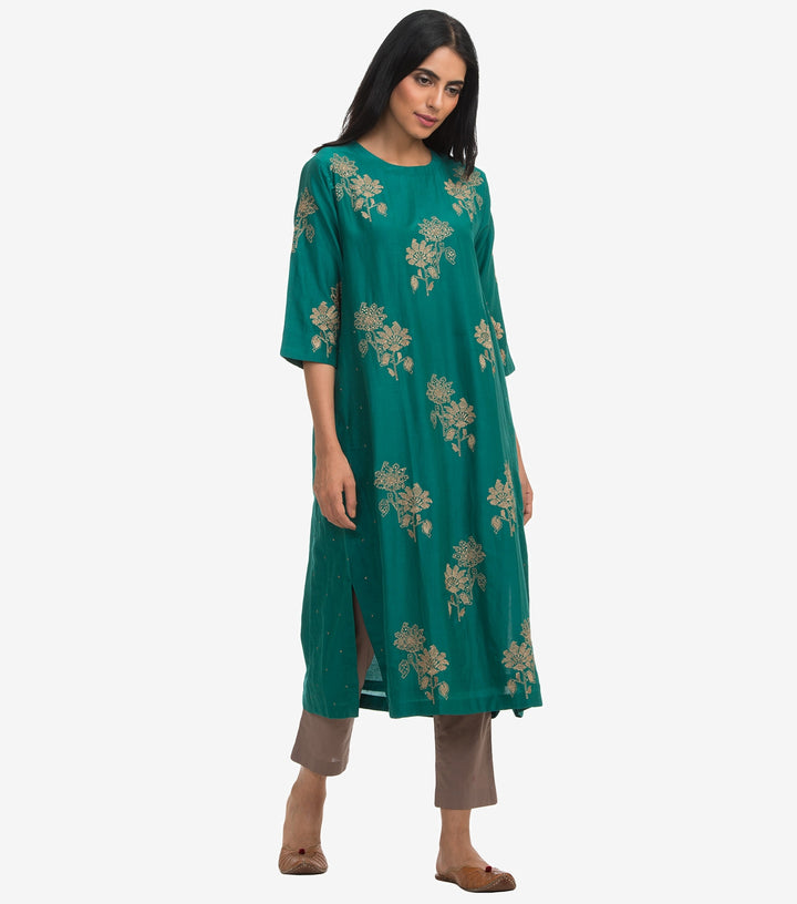 Green cotton silk zari embroidered kurta