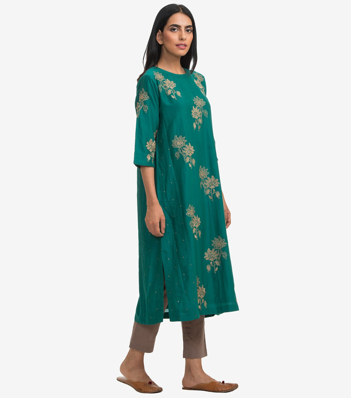 Green cotton silk zari embroidered kurta