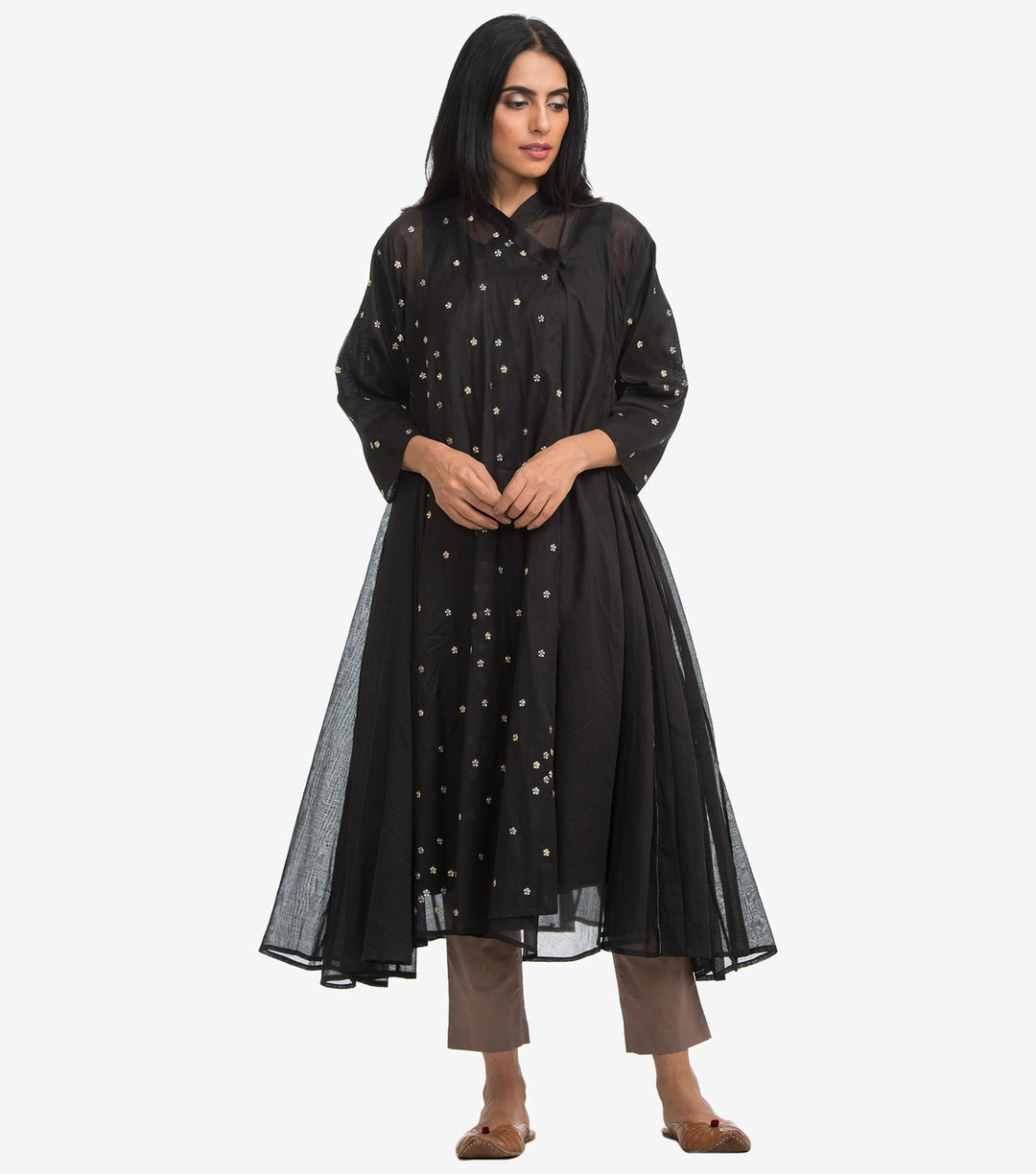 Black embroidered cotton choga