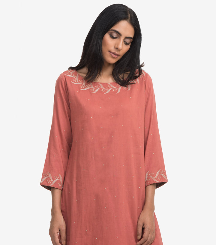 Pink zari embroidered cambric kurta