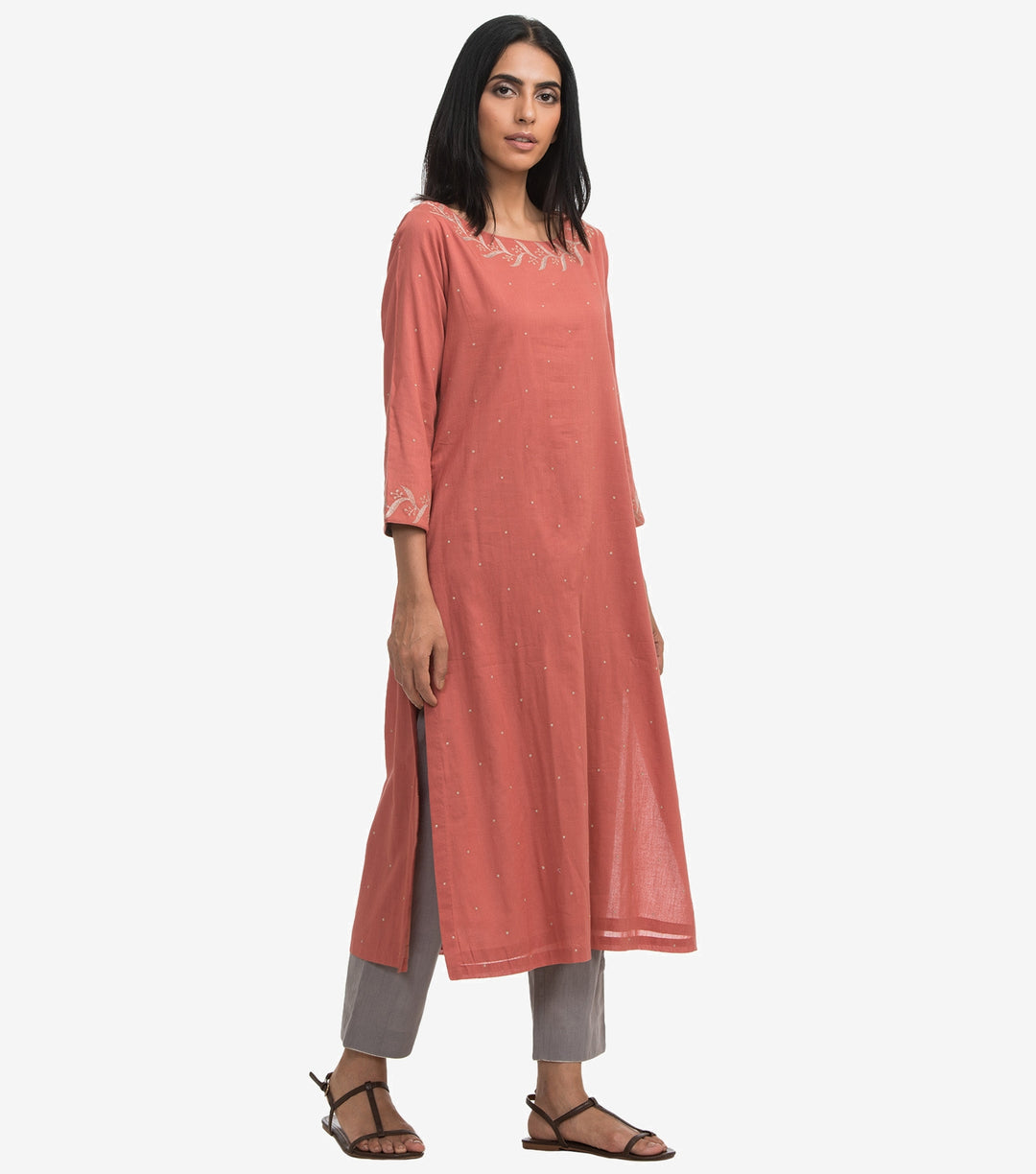 Pink zari embroidered cambric kurta