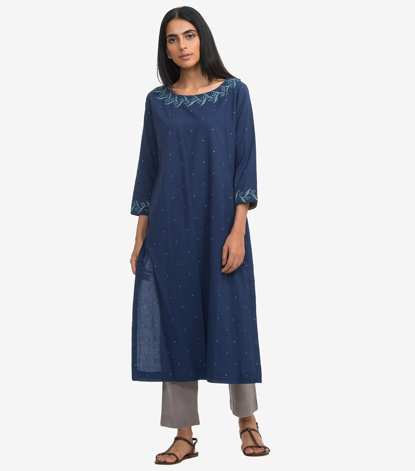 Blue zari embroidered cambric kurta