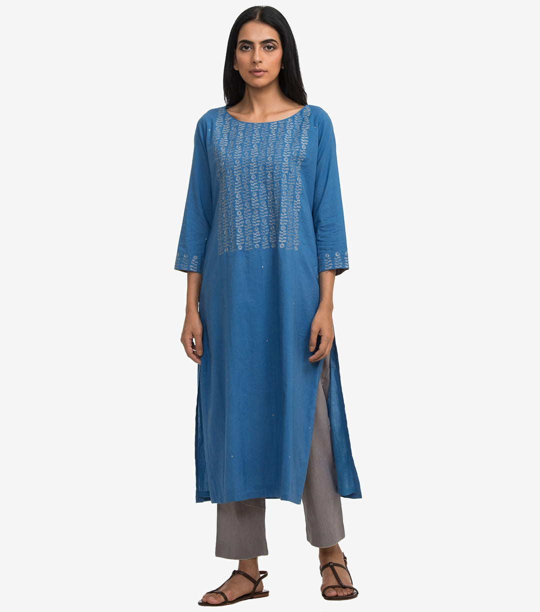 Blue zari embroidered cambric kurta