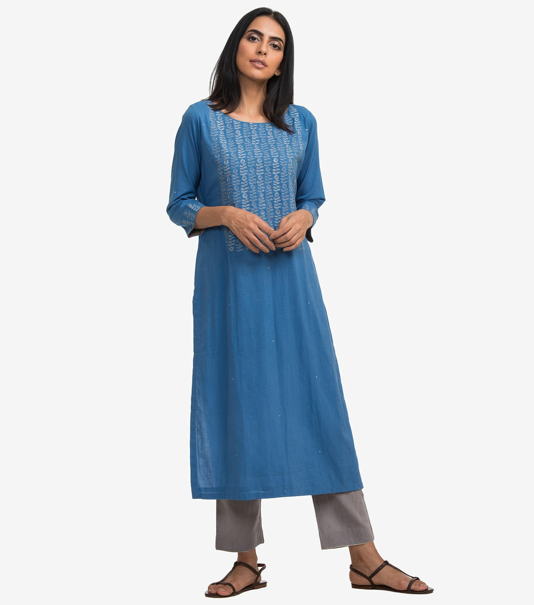 Blue zari embroidered cambric kurta