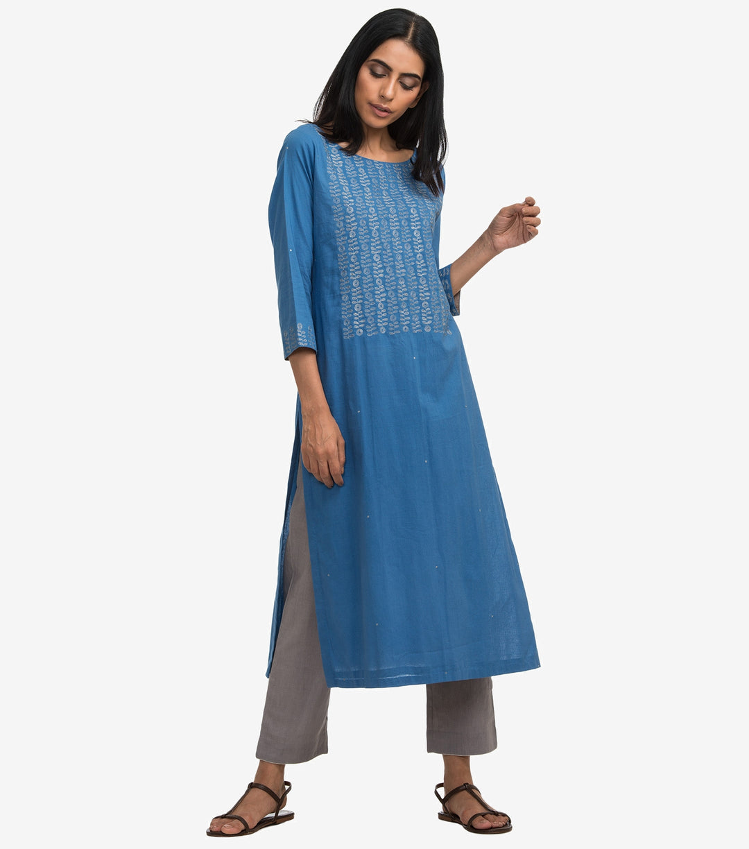 Blue zari embroidered cambric kurta