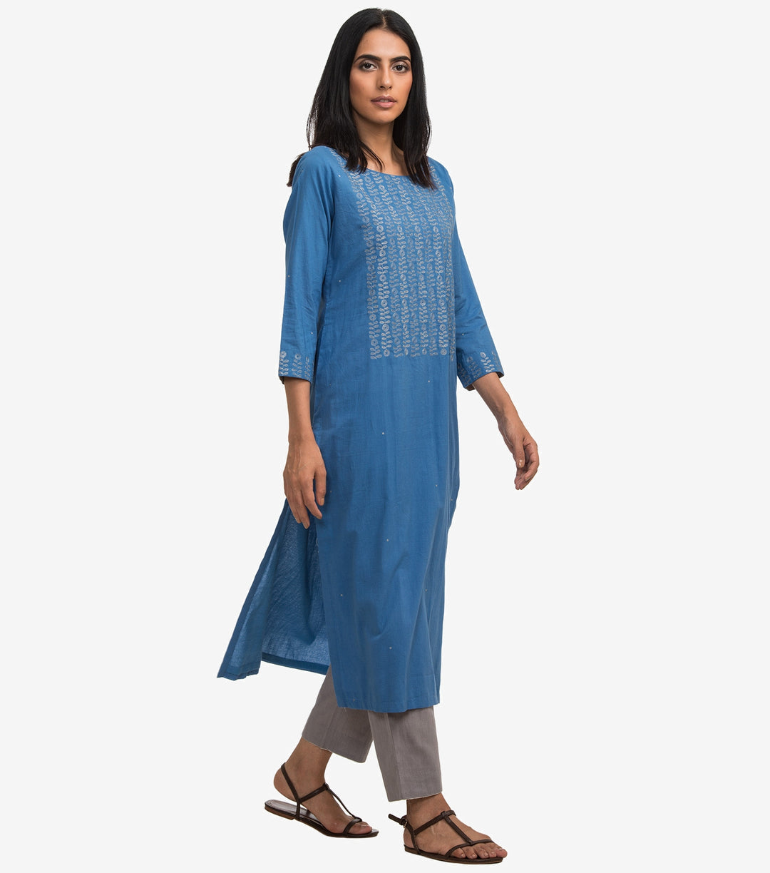 Blue zari embroidered cambric kurta