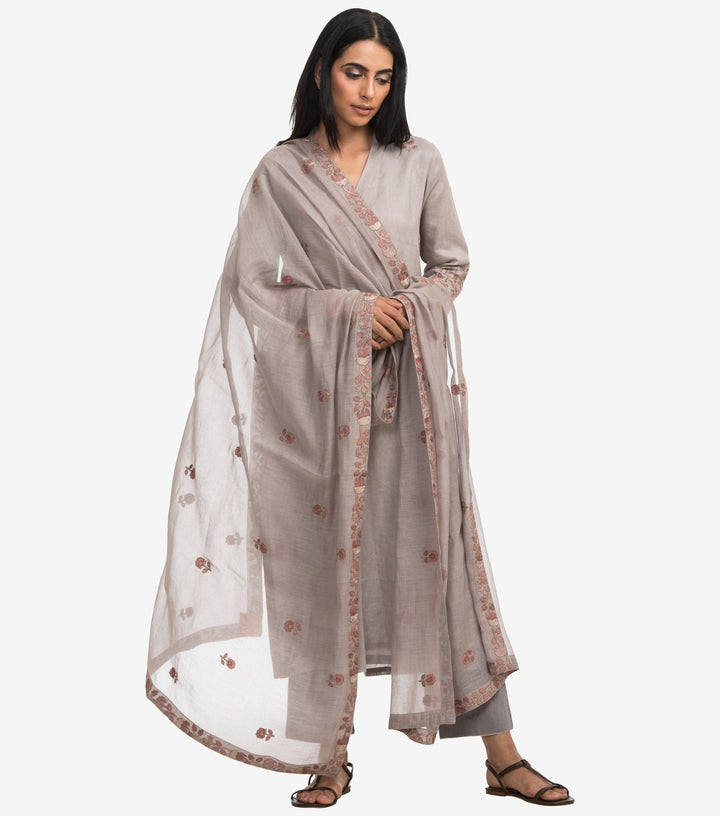 Grey chanderi embroidered  dupatta