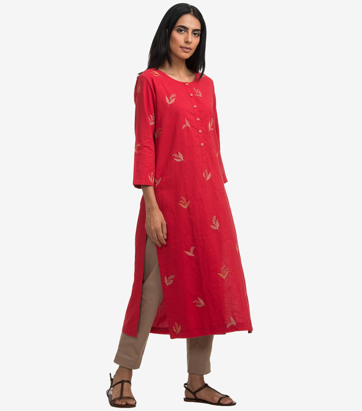 Red zari embroidered cambric kurta