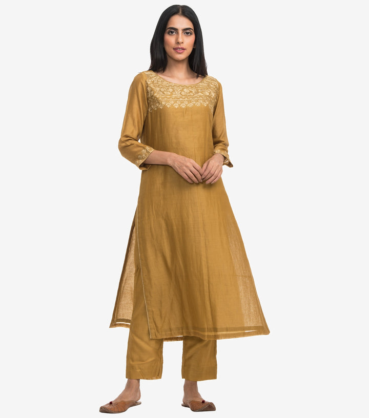 Ochre chanderi Embroidered kurta