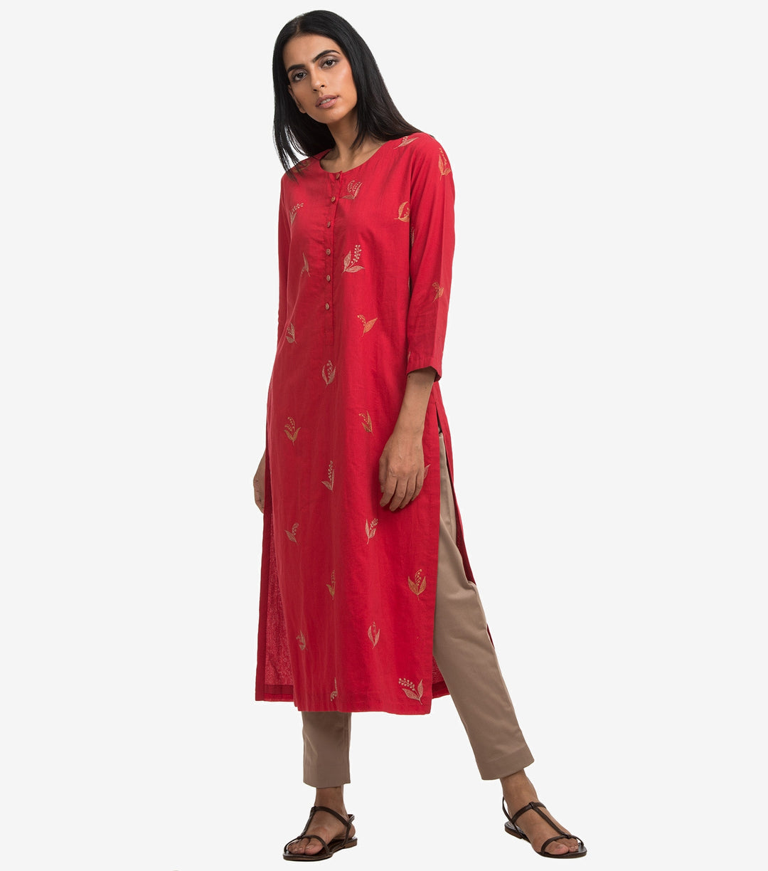 Red zari embroidered cambric kurta