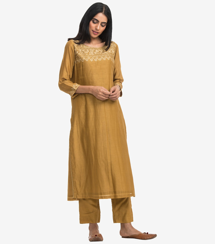 Ochre chanderi Embroidered kurta